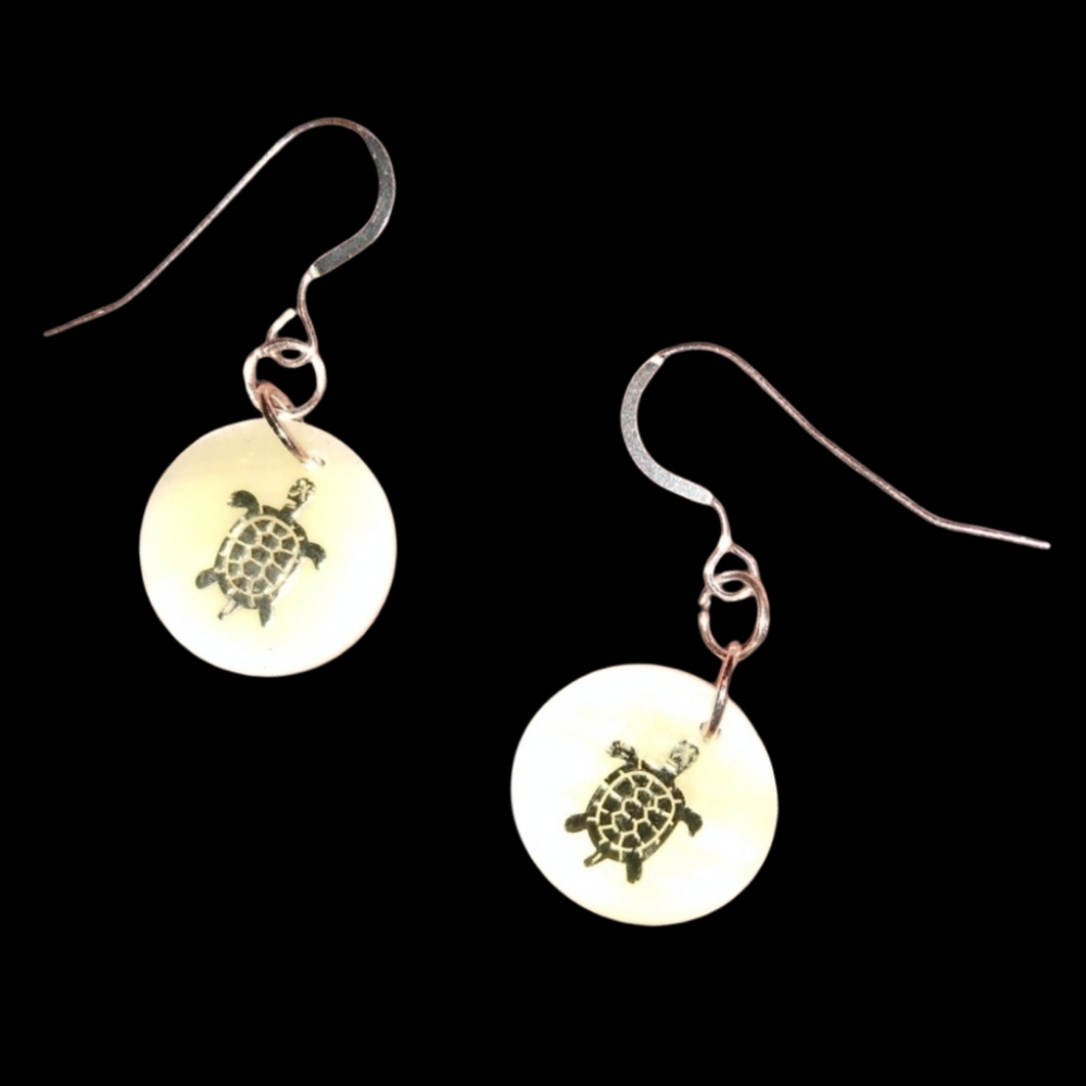 Solid 925 Sterling Silver Wires Mother of Pearl Shell Turtle Earrings Boho KATTA